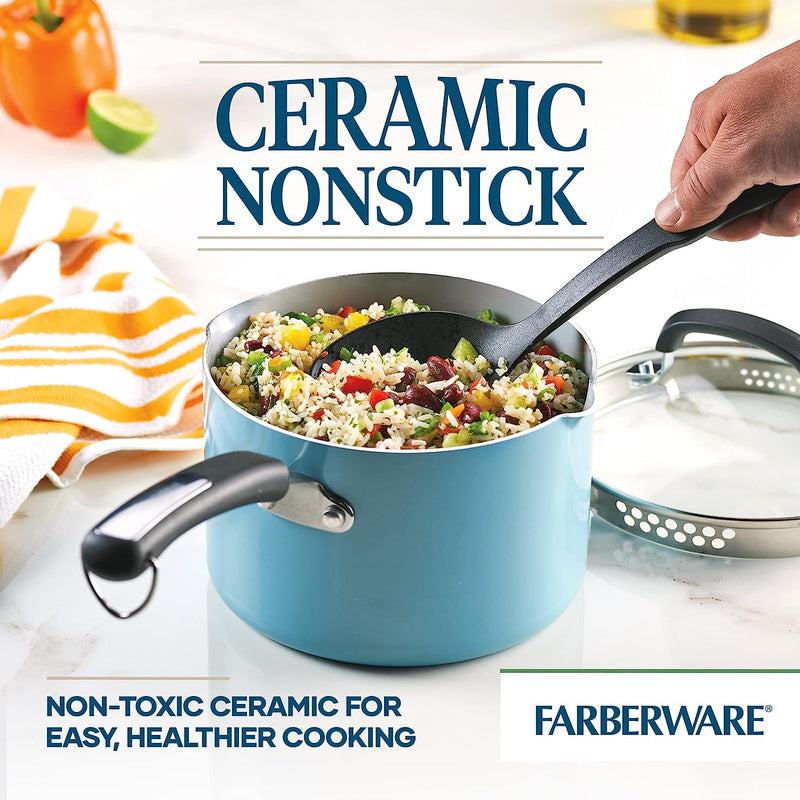 Farberware EcoAdvantage Ceramic Nonstick Straining Saucepan/Sauce Pan with Lid, 3 Quart, Aqua