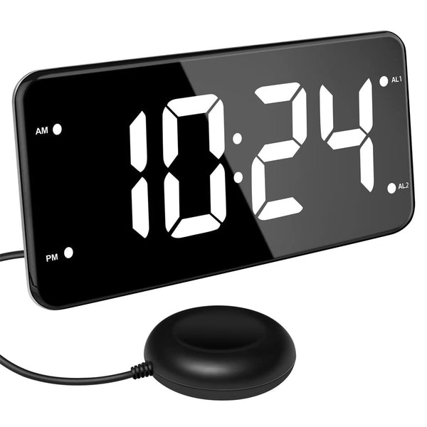 Digital Loud Alarm Clock for Heavy Sleepers Adults with Bed Shaker Dual Alarm Settings & 2 USB Charger - 7 Inch Display (Black with White Digit)