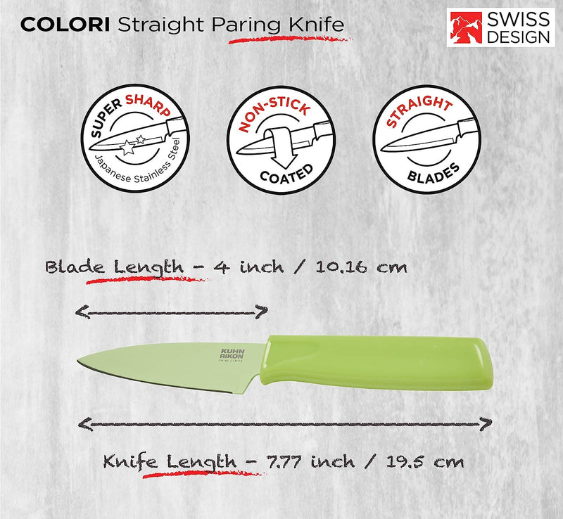 Kuhn Rikon Colori Non-Stick Straight Paring Knife with Safety Sheath, 4 inch/10.16 cm Blade, Pistachio