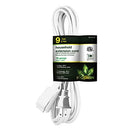 White 9-foot indoor extension cord with 3 two-prong outlets and child safety covers, coiled on a white background.