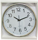 Round white wall clock with a silver rim, black hands, and Arabic numerals, packaged in a white cardboard box.