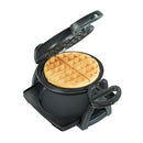 Proctor Silex Belgian waffle maker in black with a flip mechanism, cool-touch handle, nonstick plates, and a removable drip tray.