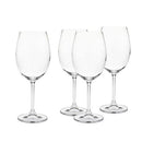 Set of four Meridian Collection crystal red wine goblets made from fine non-leaded crystal, displayed on a white background.