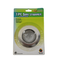 A stainless steel sink strainer, circular with a mesh screen, displayed in clear plastic packaging with a green and light blue cardboard backing. The packaging is labeled "1 PC SINK STRAINER STAINLESS STEEL" and lists various uses.
