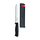 Farberware Edgekeeper 5.5-inch Serrated Utility Knife with a silver blade featuring serrated edges and the Farberware logo, a black ergonomic handle, and a black Edgekeeper sheath with a red sharpening mechanism visible at the top.