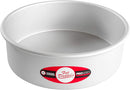 Fat Daddio’s silver anodized aluminum round cake pan, 9-inch diameter by 3-inch height, displayed on a white background.