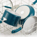 Blue nonstick frying pan set with stainless steel and silicone handles, includes one 9.5-inch and one 11.75-inch pan, displayed on dishwasher rack