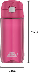THERMOS FUNTAINER 16oz raspberry-colored plastic hydration bottle with flip-up spout and foldable carry handle on white background.