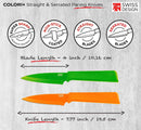 Set of two paring knives, one straight green and one serrated orange, with protective sheaths.