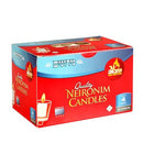 A bulk cardboard box of 72 Ner Mitzvah brand Neironim votive candles, with red, blue, and yellow packaging indicating a 4-hour burn time.
