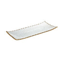 Clear rectangular glass serving tray with a decorative, textured gold-tone rim.
