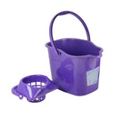 Vibrant purple plastic bucket with handle and pouring spout, durable utility bucket for cleaning, gardening, or household use.