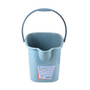 
The image shows a light blue/grey plastic bucket with a matching handle. It has a square-ish shape with a pouring spout on one side. The label on the front indicates it's a "PLASTIC BUCKET" and possibly shows a capacity of "12" (likely liters or quarts). It appears to be a general-purpose utility bucket.
