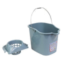 
The image shows a light blue/grey plastic bucket with a matching handle. It has a square-ish shape with a pouring spout on one side. The label on the front indicates it's a "PLASTIC BUCKET" and possibly shows a capacity of "12" (likely liters or quarts). It appears to be a general-purpose utility bucket.