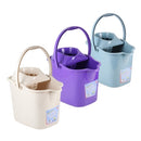 three plastic mop buckets with integrated wringers, presented in different colors: one in a light cream/beige, one in purple, and one in light blue/teal. Each bucket has a handle and a built-in mechanism for squeezing excess water from a mop. They appear to be standard utility or cleaning buckets.