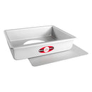 A silver anodized aluminum sheet cheesecake pan with a removable bottom, shown with the base detached.