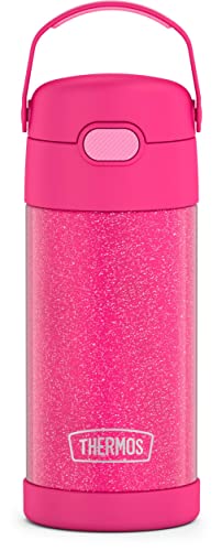 THERMOS FUNTAINER 12 Ounce Stainless Steel Vacuum Insulated Kids Straw Bottle, Pink Glitter