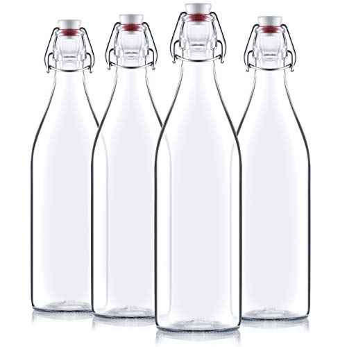 Bormioli Rocco Giara Swing Top Bottles 33 ¾ Ounce-4 Pack Round Clear Glass Grolsch Flip Top Bottle With Stopper, Clear