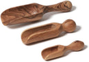 A small, light brown olive wood scoop with a shovel-like end and a rounded handle, featuring "BERARD" engraved on the handle.