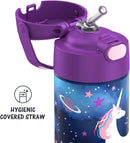 THERMOS FUNTAINER 12-ounce stainless steel kids water bottle with Space Unicorn design, shown with a pop-up straw and carry handle on a white background.
