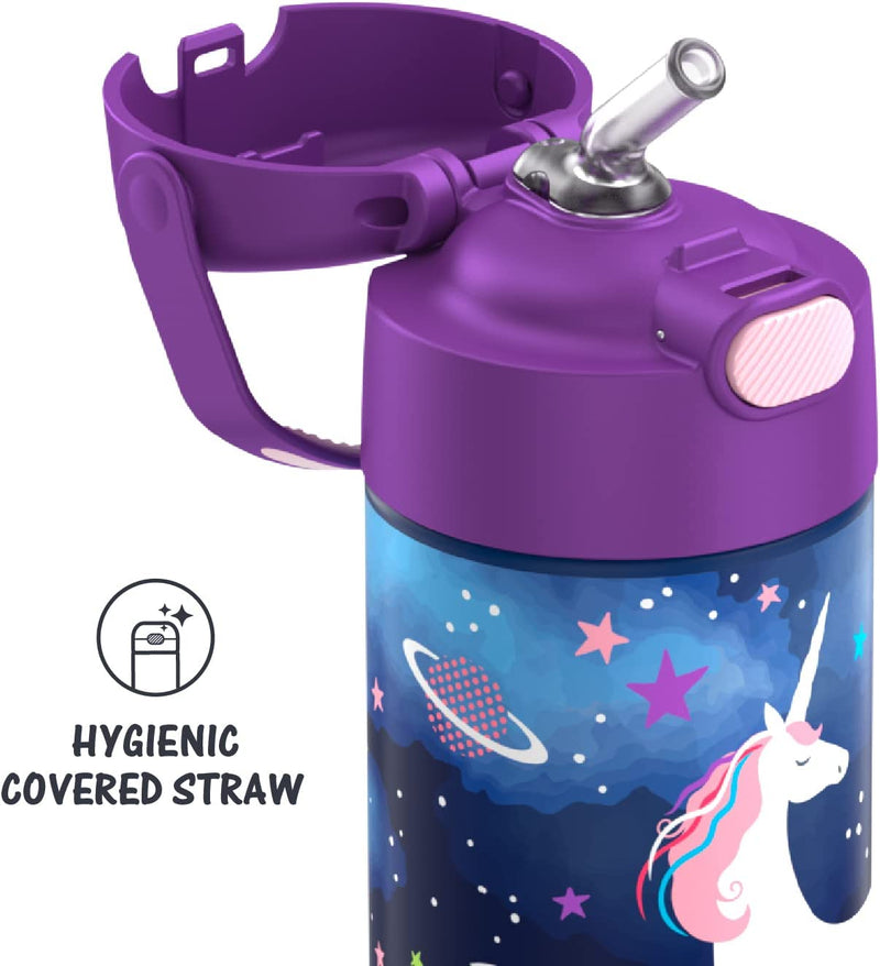 THERMOS FUNTAINER 12 Ounce Stainless Steel Vacuum Insulated Kids Straw Bottle, Space Unicorn