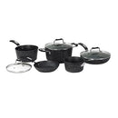 Visual representation of the Starfrit The Rock 8-piece cookware set, showcasing the variety of pots and pans included, from saucepans and a stockpot to fry pans with and without lids, along with their respective sizes in quarts/liters and inches/centimeters.