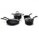 Visual representation of the Starfrit The Rock 8-piece cookware set, showcasing the variety of pots and pans included, from saucepans and a stockpot to fry pans with and without lids, along with their respective sizes in quarts/liters and inches/centimeters.