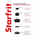 Visual representation of the Starfrit The Rock 8-piece cookware set, showcasing the variety of pots and pans included, from saucepans and a stockpot to fry pans with and without lids, along with their respective sizes in quarts/liters and inches/centimeters.