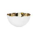Godinger Munro white ceramic fruit bowl that has a simple, rounded, and slightly shallow shape. The Rim is irregularly shaped with hand-hammered gold interior.