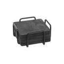 A set of four square, black-stained wood coasters with visible grain, neatly stacked in a black wire metal holder.