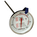 A round, analog thermometer with a stainless steel stem and a white dial face marked with temperature zones for different stages of candy making, such as soft ball and hard crack.