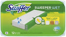 A package of Swiffer Sweeper Wet Mopping Cloths, showing a stack of white cloths with a green stripe. The packaging indicates it contains 12 wet cloths and features the "Trap + Lock" logo.