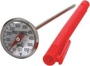 A stainless steel instant-read thermometer with a round face and a long probe, shown next to a red protective sheath with a pocket clip. The thermometer's face shows a temperature range from 50 to 550 degrees Fahrenheit.