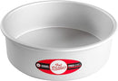Fat Daddio’s silver anodized aluminum round cake pan, 10-inch diameter by 3-inch height, displayed on a white background.