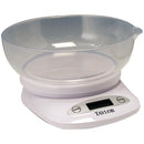 Taylor digital kitchen scale with inverted clear bowl on base, shown on a white background.