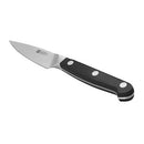 Zwilling paring knife with a precision-honed stainless steel blade and a triple-riveted black handle for durability and control.