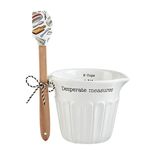 Mud Pie Circa Measuring Set, spatula 8" | cup 3 3/4" x 4 3/4" dia, WHITE