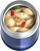 THERMOS FUNTAINER 10-ounce navy kids food jar with push-button lid filled with macaroni soup, displayed on a white background.
