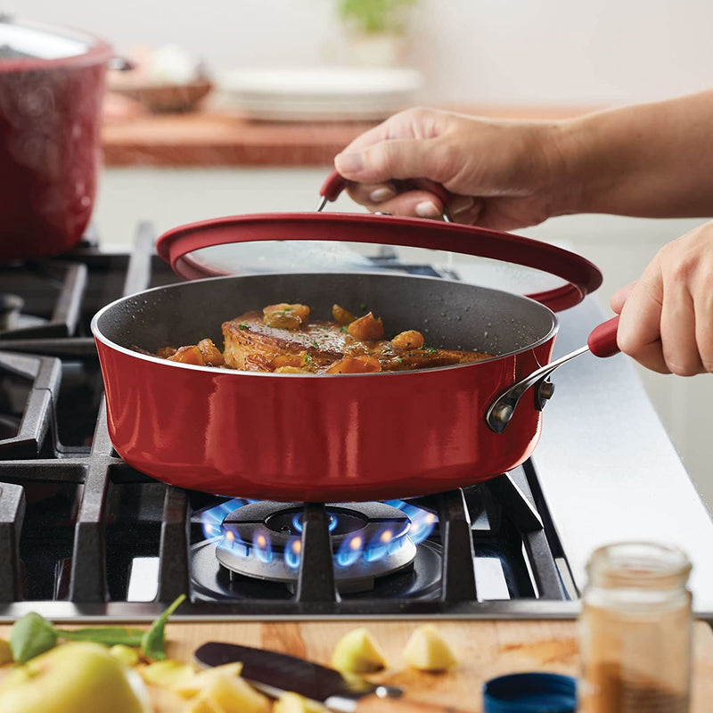 Rachael Ray Cook + Create Nonstick Sauté Pan with Lid, 3 Quart, Red