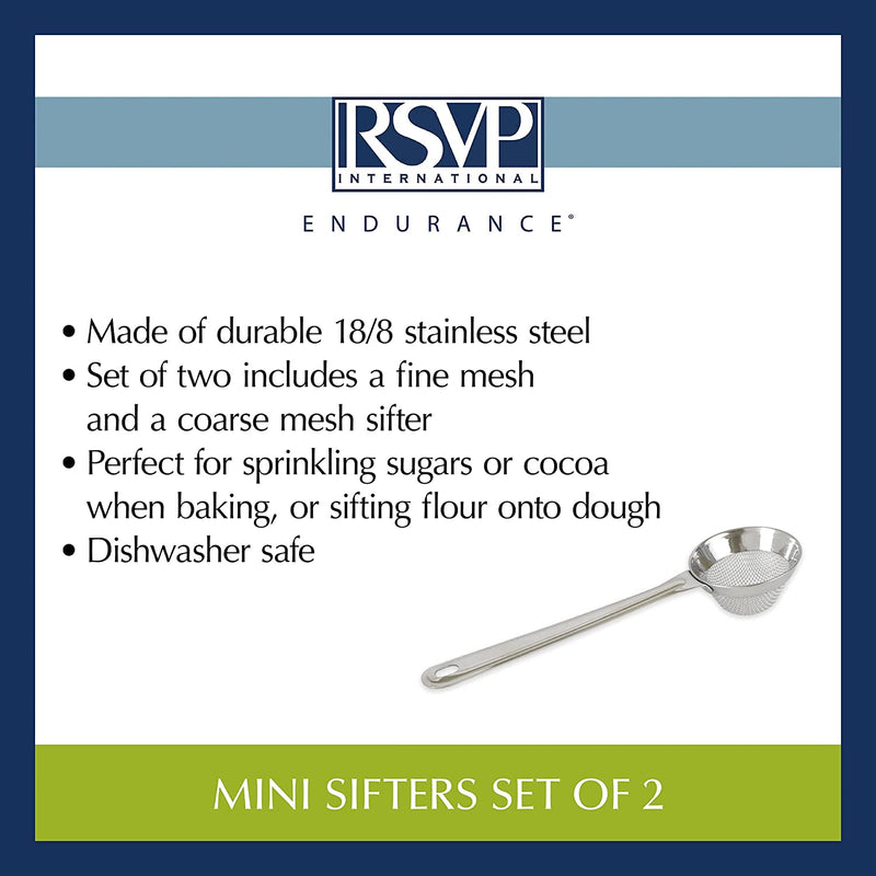 RSVP International Endurance Kitchen Collection Stainless Steel Flour Sift, Dishwasher Safe, Mini Sifter Set, Fine & Course