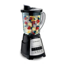 A black and silver Hamilton Beach Power Elite blender with a 40-ounce glass jar filled with fruit, ice, and liquid.