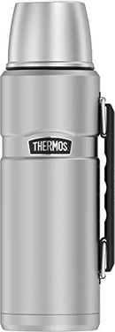 Matte stainless steel 40-ounce THERMOS insulated beverage bottle with carry handle and built-in serving cup, shown on a white background.