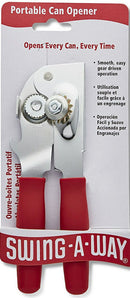 Swing-A-Away Portable Can Opener in packaging, showing the silver metal opener with red plastic handles, labeled "Opens Every Can, Every Time".