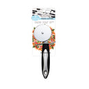 A pizza cutter in packaging, featuring a large silver stainless steel wheel, a black non-slip soft grip handle, and a finger guard.