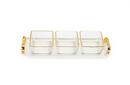 Elegant white serving tray with three square clear glass bowls, each with a gold rim, and decorative gold handles.