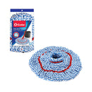 A round twist mop head refill made of thick, twisted strands of blue, white, and red microfiber.