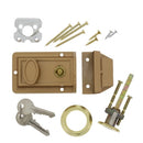 Secure brass entry lock with a rim night latch mechanism by Ultra Hardware, providing automatic locking and a single cylinder deadbolt.
