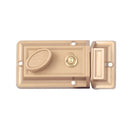 Secure brass entry lock with a rim night latch mechanism by Ultra Hardware, providing automatic locking and a single cylinder deadbolt.