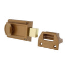 Secure brass-finish rim night latch by Ultra Hardware, offering automatic locking and a single cylinder deadbolt for exterior doors.