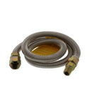 48-inch stainless steel gas connector in original packaging. The flexible, coiled metal hose is visible through the clear plastic bag. The label details compatibility with ranges, dryers, and furnaces, along with fitting specifications. Designed for secure gas appliance connections.